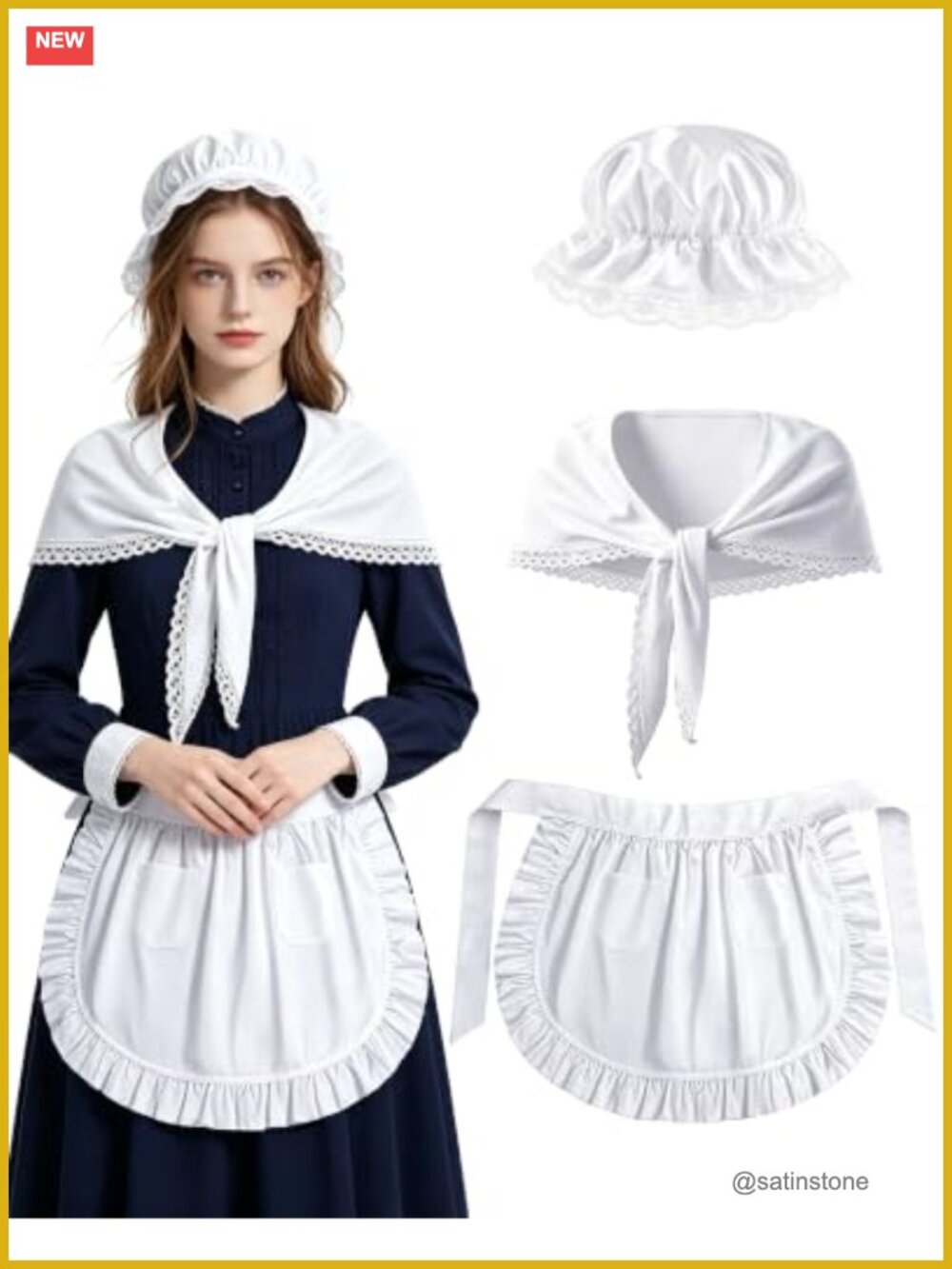 3 Piece Colonial Costume Set Pilgrim Bonnet Apron Shawl